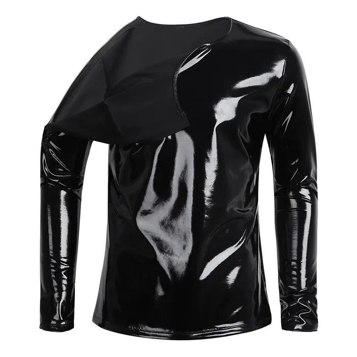 Fashion Mens Wet Look Patent Leather Top Male Black and Red Shiny Long Sleeves Pullovers EVEs SECRETS Restraints
