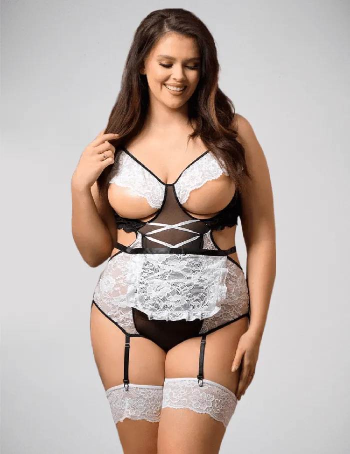 Scandals Lingerie Female Sex Toys White Lace Maid Body with Cutout Cups Stocking Straps