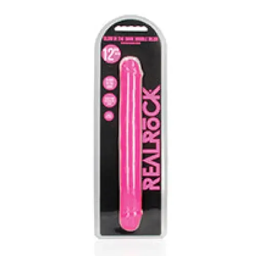 SHOTS AMERICA Dildos RealRock Glow in the Dark Double Dong 12 in DualEnded Dildo Neon Purple